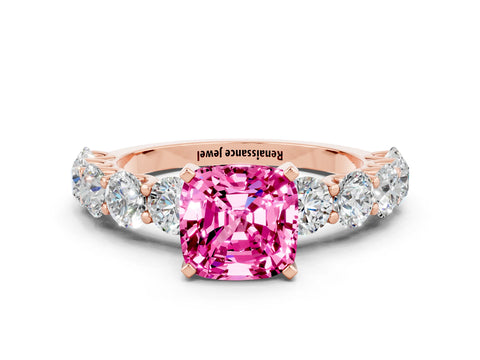 Rose gold Cushion Cut Pink Sapphire Prong Setting with Side Stones on a Pave Band_24