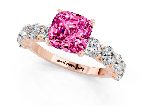 Rose gold Cushion Cut Pink Sapphire Prong Setting with Side Stones on a Pave Band_25