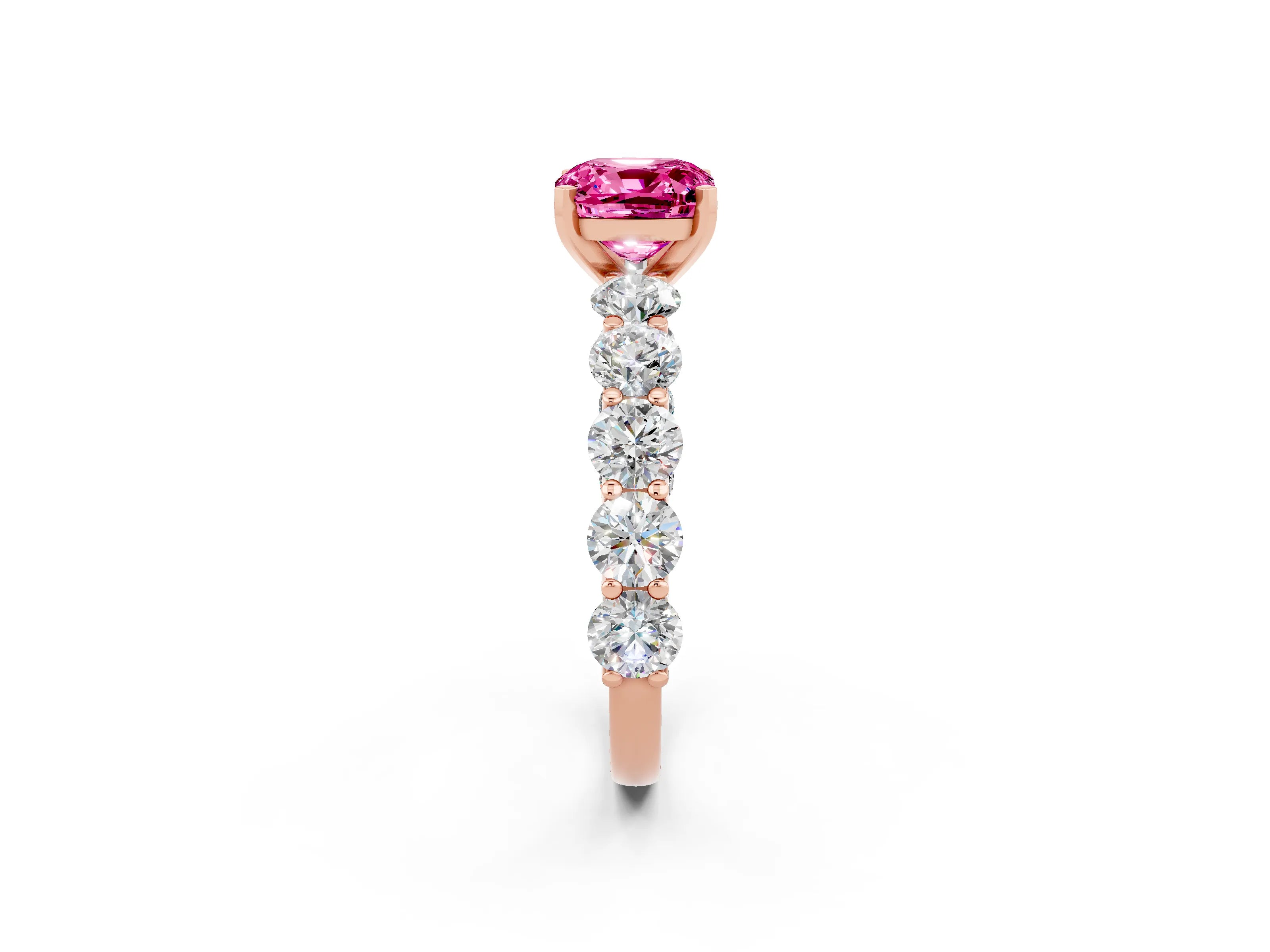 Rose gold Cushion Cut Pink Sapphire Prong Setting with Side Stones on a Pave Band_26