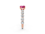 Rose gold Cushion Cut Pink Sapphire Prong Setting with Side Stones on a Pave Band_26