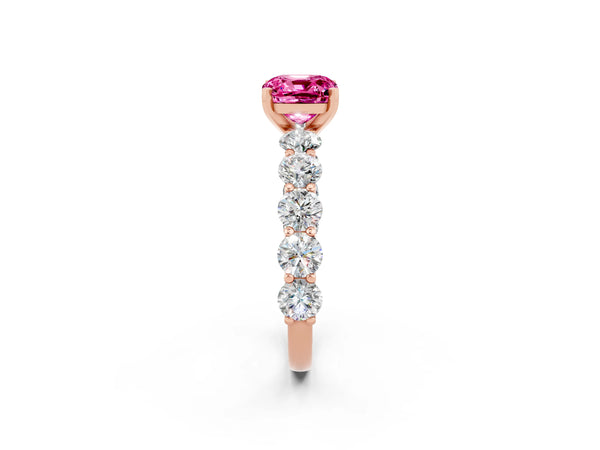 Rose gold Cushion Cut Pink Sapphire Prong Setting with Side Stones on a Pave Band