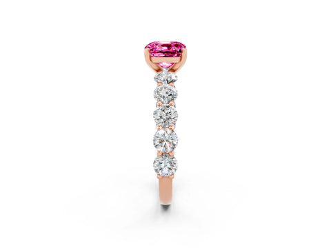 Rose gold Cushion Cut Pink Sapphire Prong Setting with Side Stones on a Pave Band_26