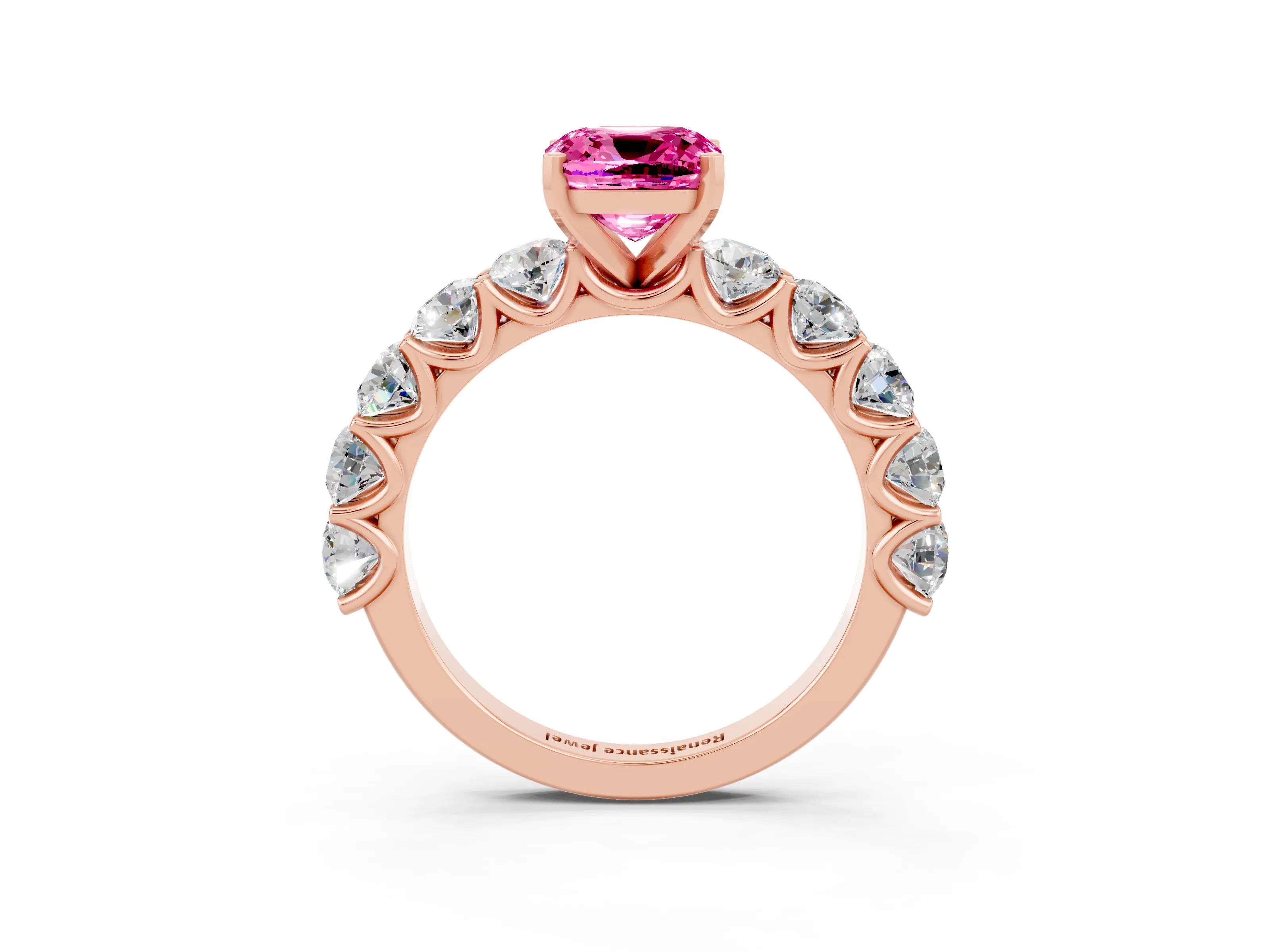 Rose gold Cushion Cut Pink Sapphire Prong Setting with Side Stones on a Pave Band_27