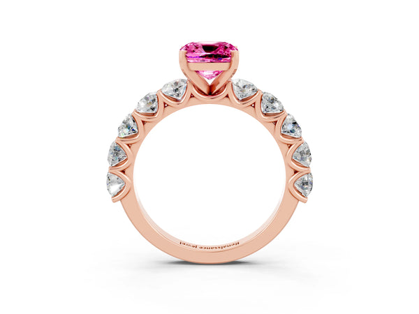 Rose gold Cushion Cut Pink Sapphire Prong Setting with Side Stones on a Pave Band