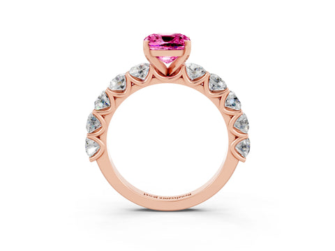Rose gold Cushion Cut Pink Sapphire Prong Setting with Side Stones on a Pave Band_27