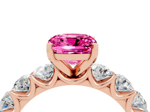 Rose gold Cushion Cut Pink Sapphire Prong Setting with Side Stones on a Pave Band_28