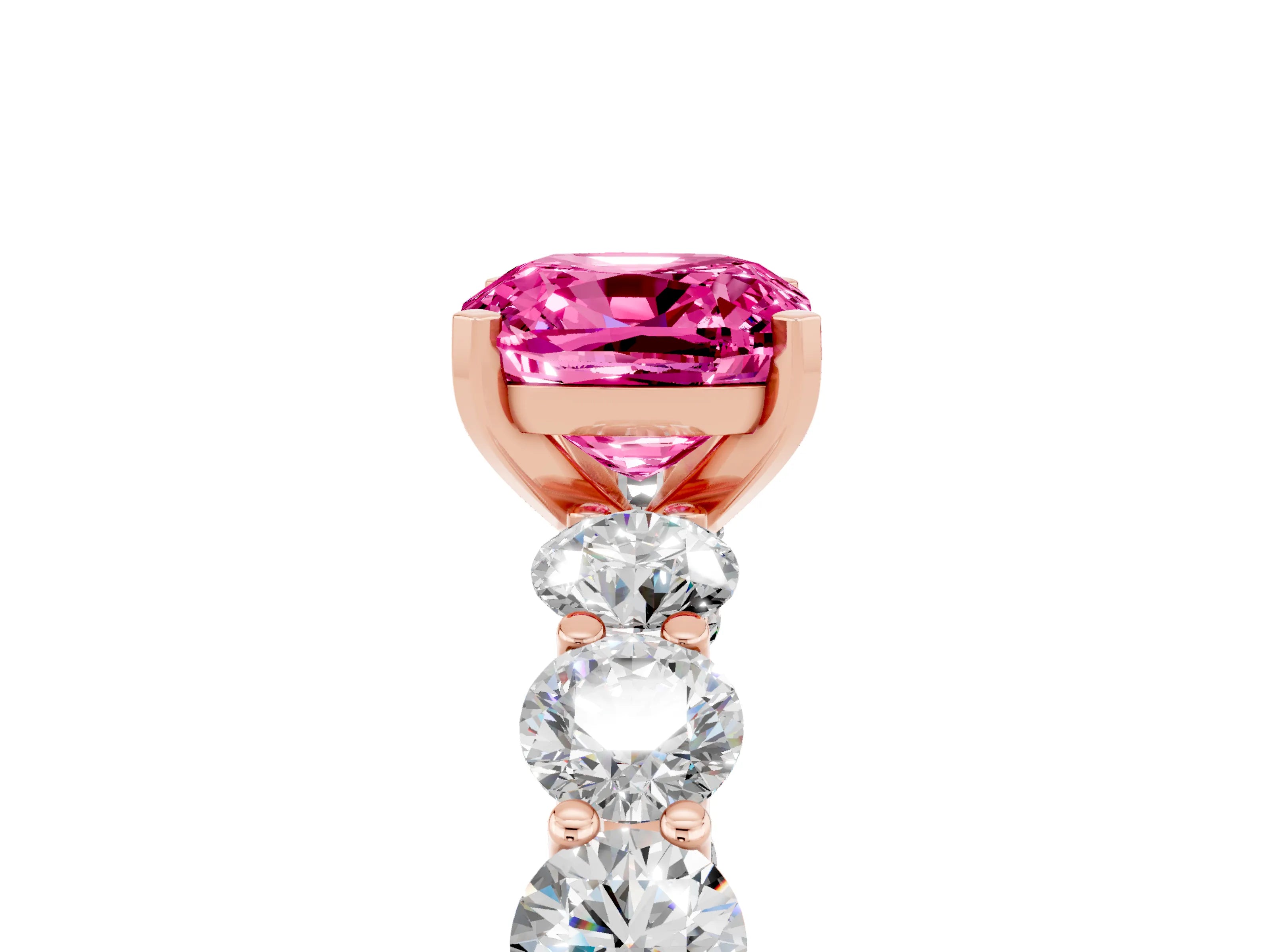 Rose gold Cushion Cut Pink Sapphire Prong Setting with Side Stones on a Pave Band_29