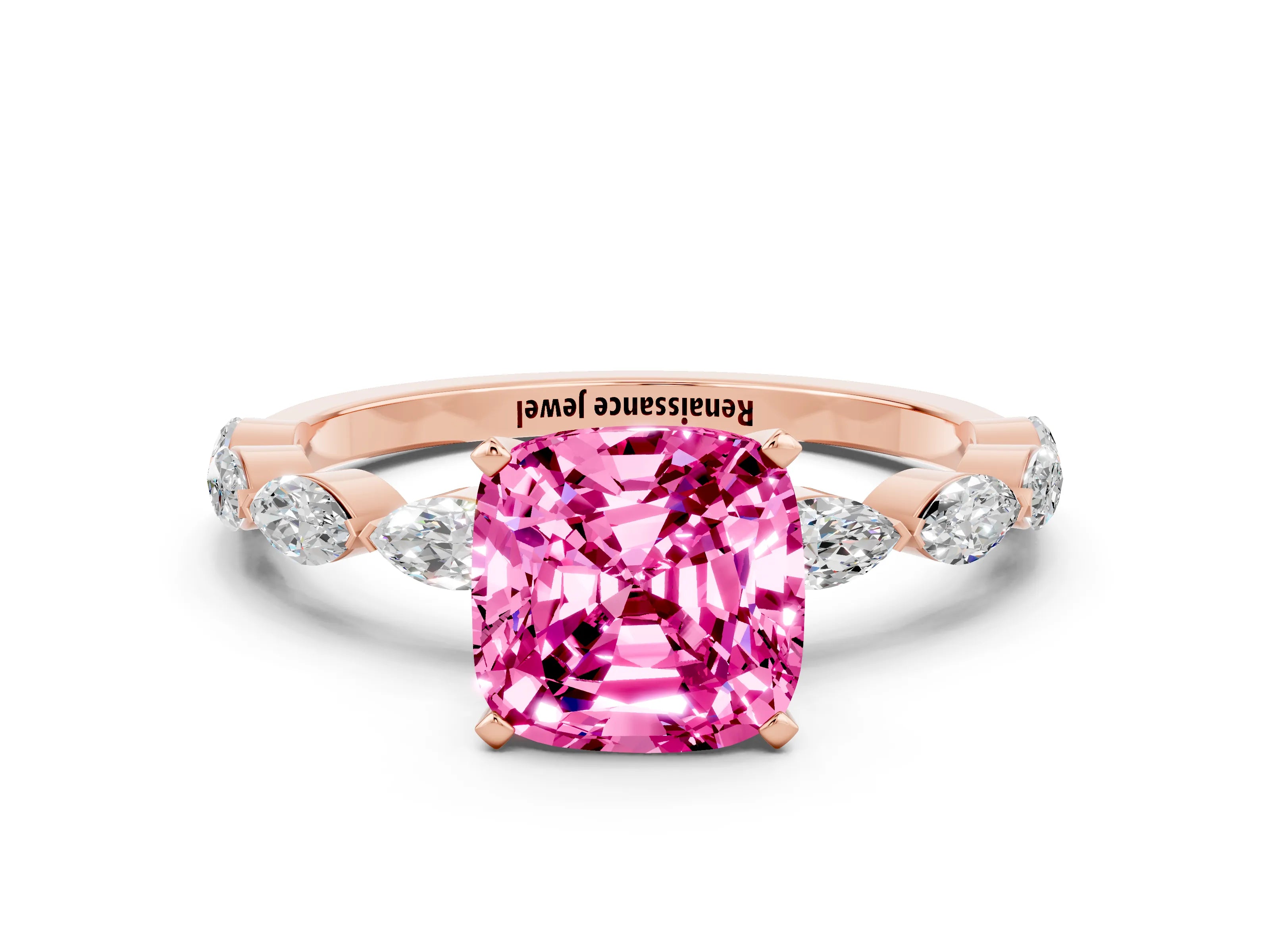 Rose gold Cushion Cut Pink Sapphire Ring with Marquise Side Stones and Prong Setting_12
