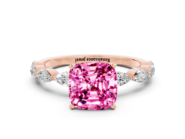 Rose gold Cushion Cut Pink Sapphire Ring with Marquise Side Stones and Prong Setting