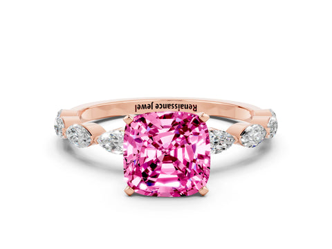 Rose gold Cushion Cut Pink Sapphire Ring with Marquise Side Stones and Prong Setting_12