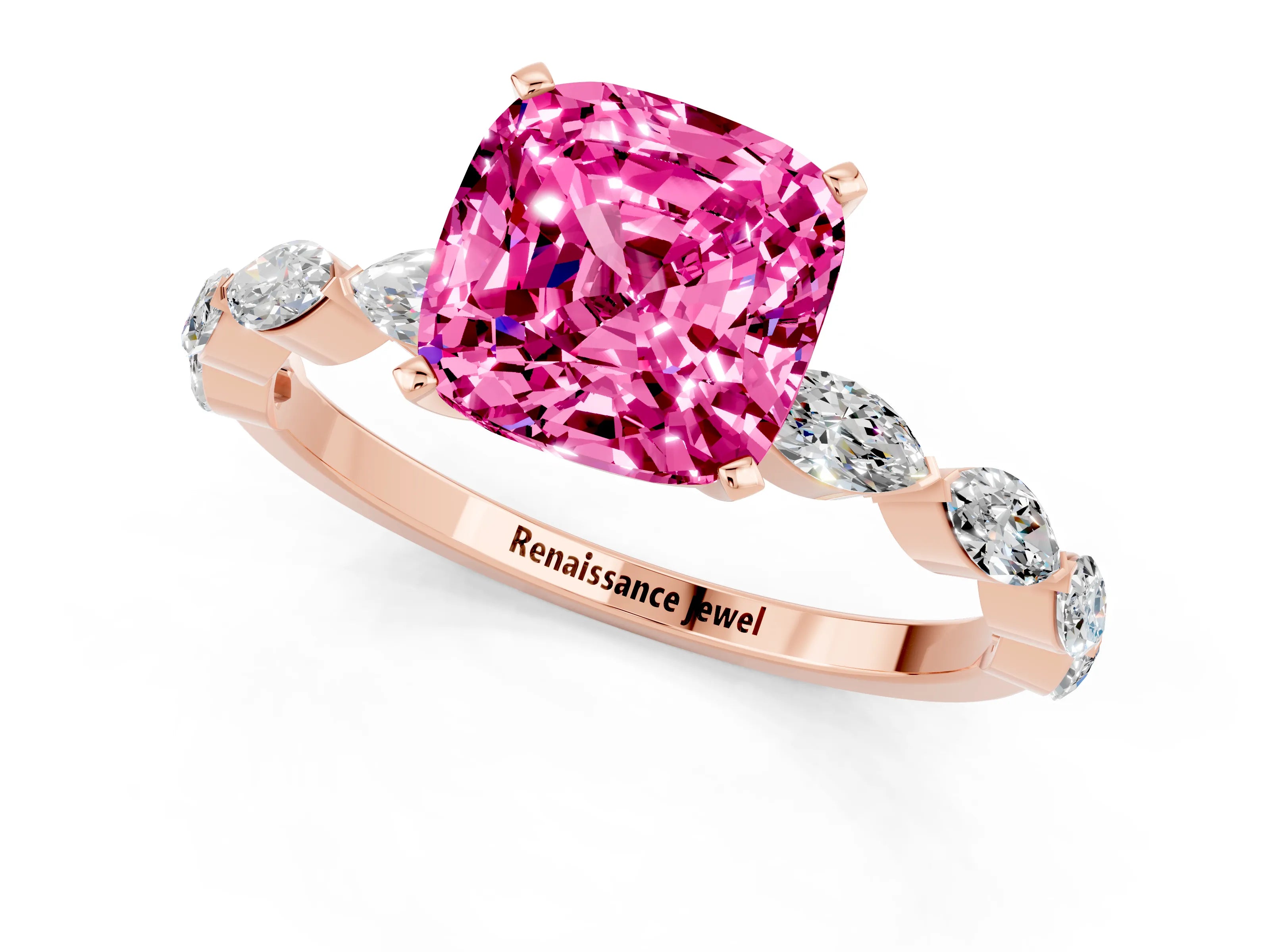 Rose gold Cushion Cut Pink Sapphire Ring with Marquise Side Stones and Prong Setting_13