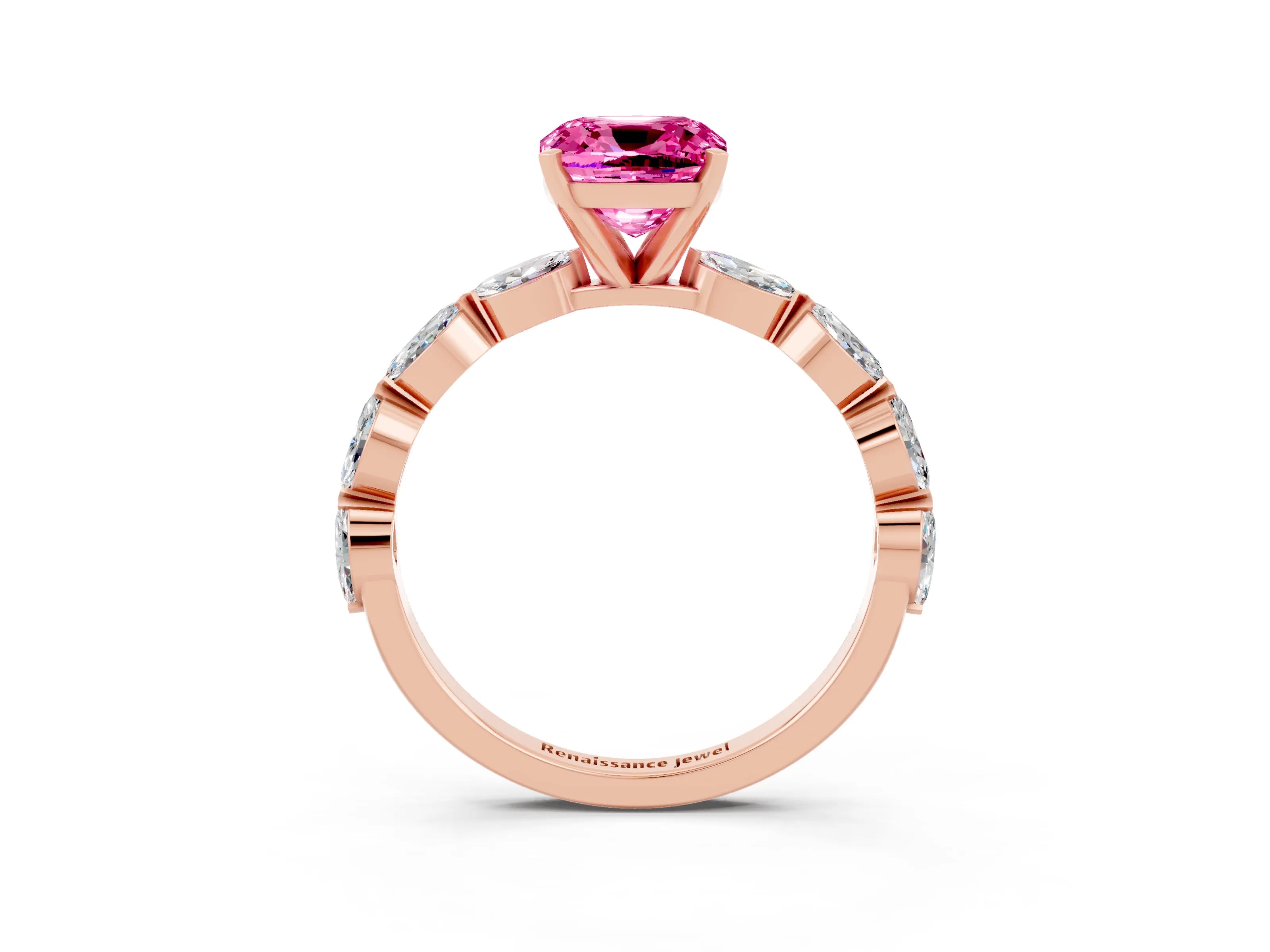 Rose gold Cushion Cut Pink Sapphire Ring with Marquise Side Stones and Prong Setting_15