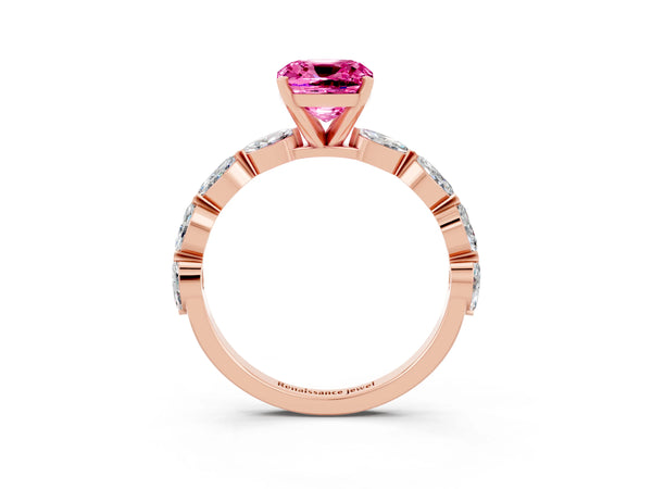 Rose gold Cushion Cut Pink Sapphire Ring with Marquise Side Stones and Prong Setting