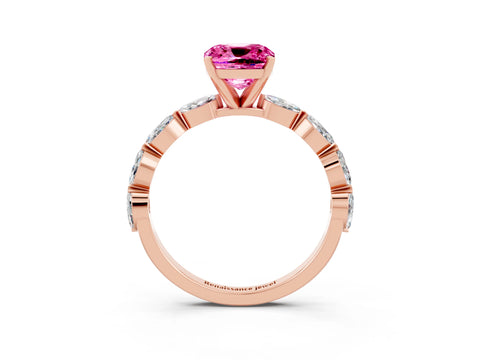 Rose gold Cushion Cut Pink Sapphire Ring with Marquise Side Stones and Prong Setting_15