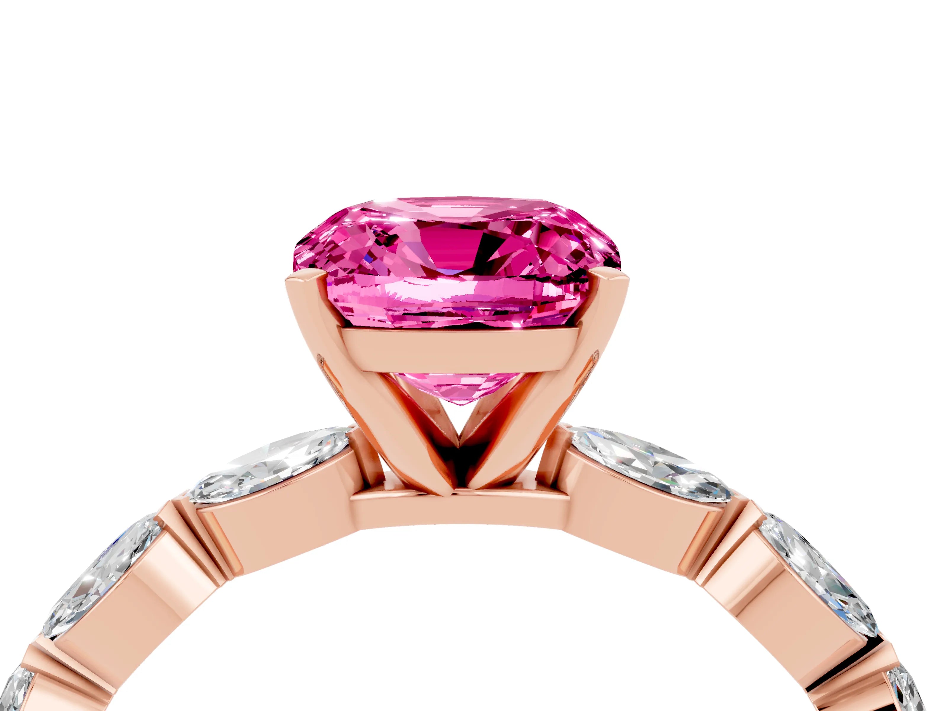 Rose gold Cushion Cut Pink Sapphire Ring with Marquise Side Stones and Prong Setting_16