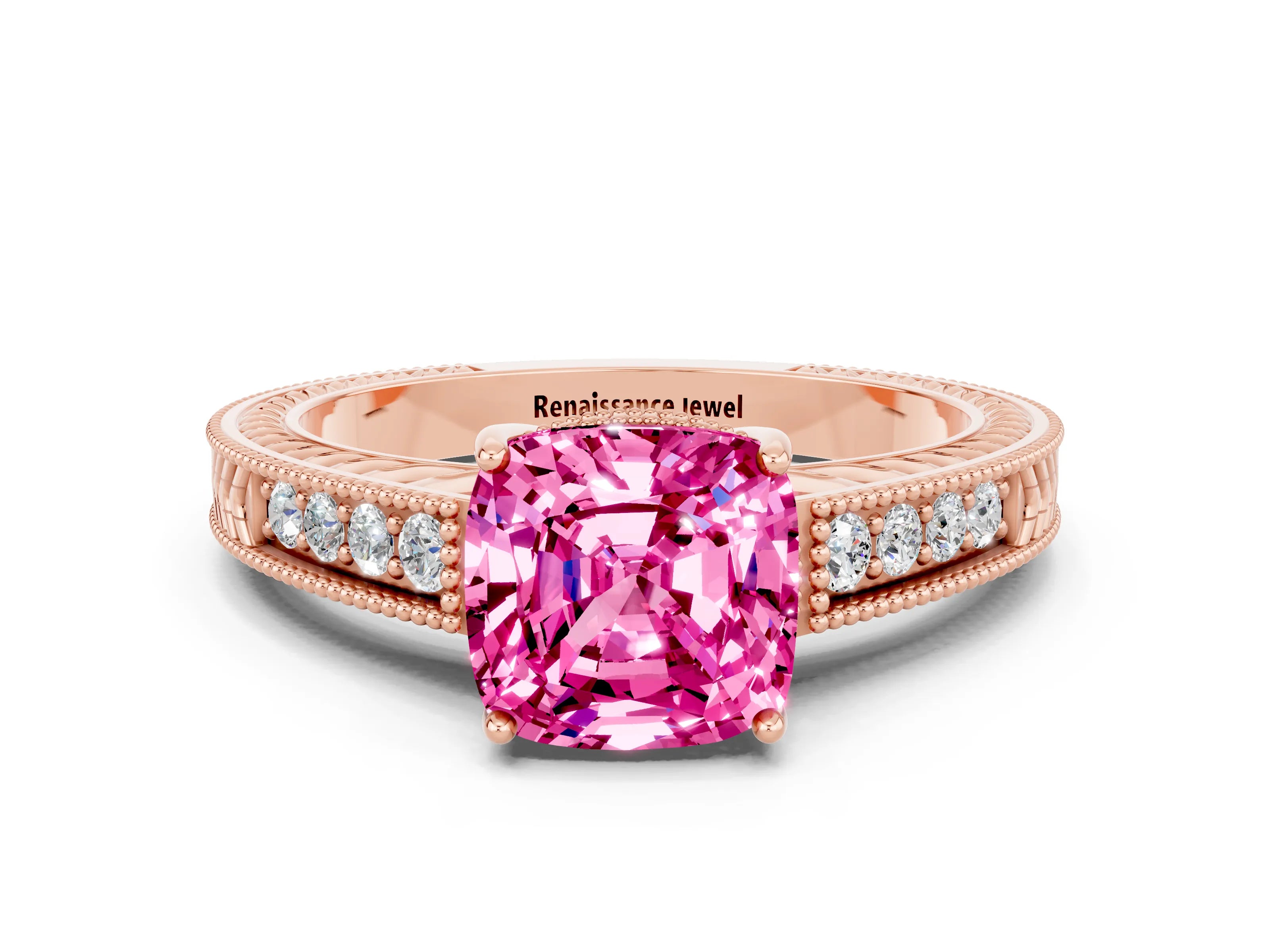 Rose gold Cushion Cut Pink Sapphire Ring with Milgrain Pavé Band and Four-Prong Setting_36