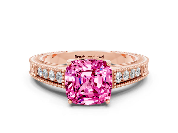 Rose gold Cushion Cut Pink Sapphire Ring with Milgrain Pavé Band and Four-Prong Setting