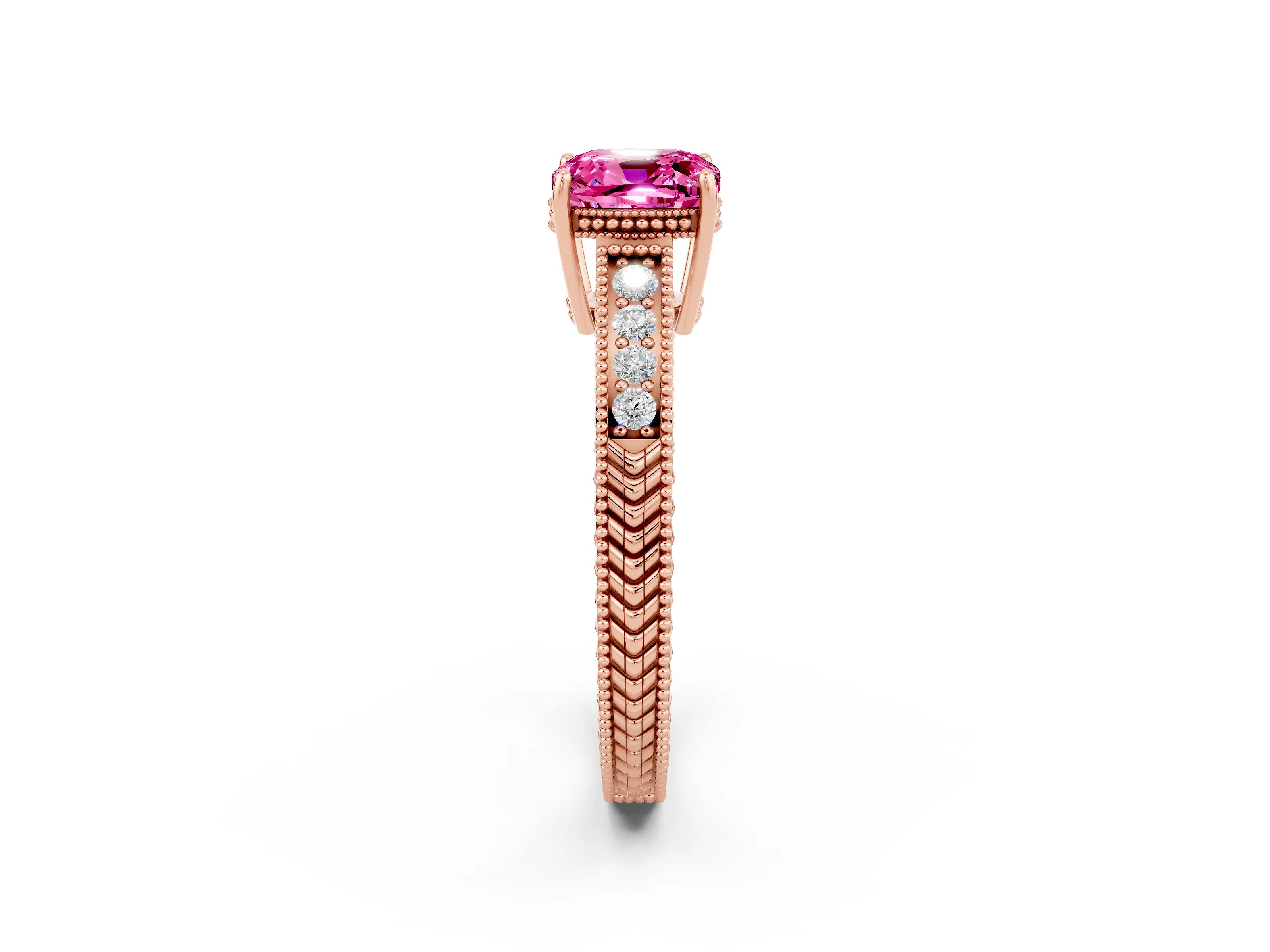 Rose gold Cushion Cut Pink Sapphire Ring with Milgrain Pavé Band and Four-Prong Setting_38