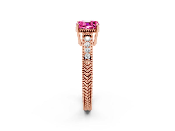 Rose gold Cushion Cut Pink Sapphire Ring with Milgrain Pavé Band and Four-Prong Setting