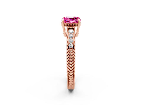 Rose gold Cushion Cut Pink Sapphire Ring with Milgrain Pavé Band and Four-Prong Setting_38