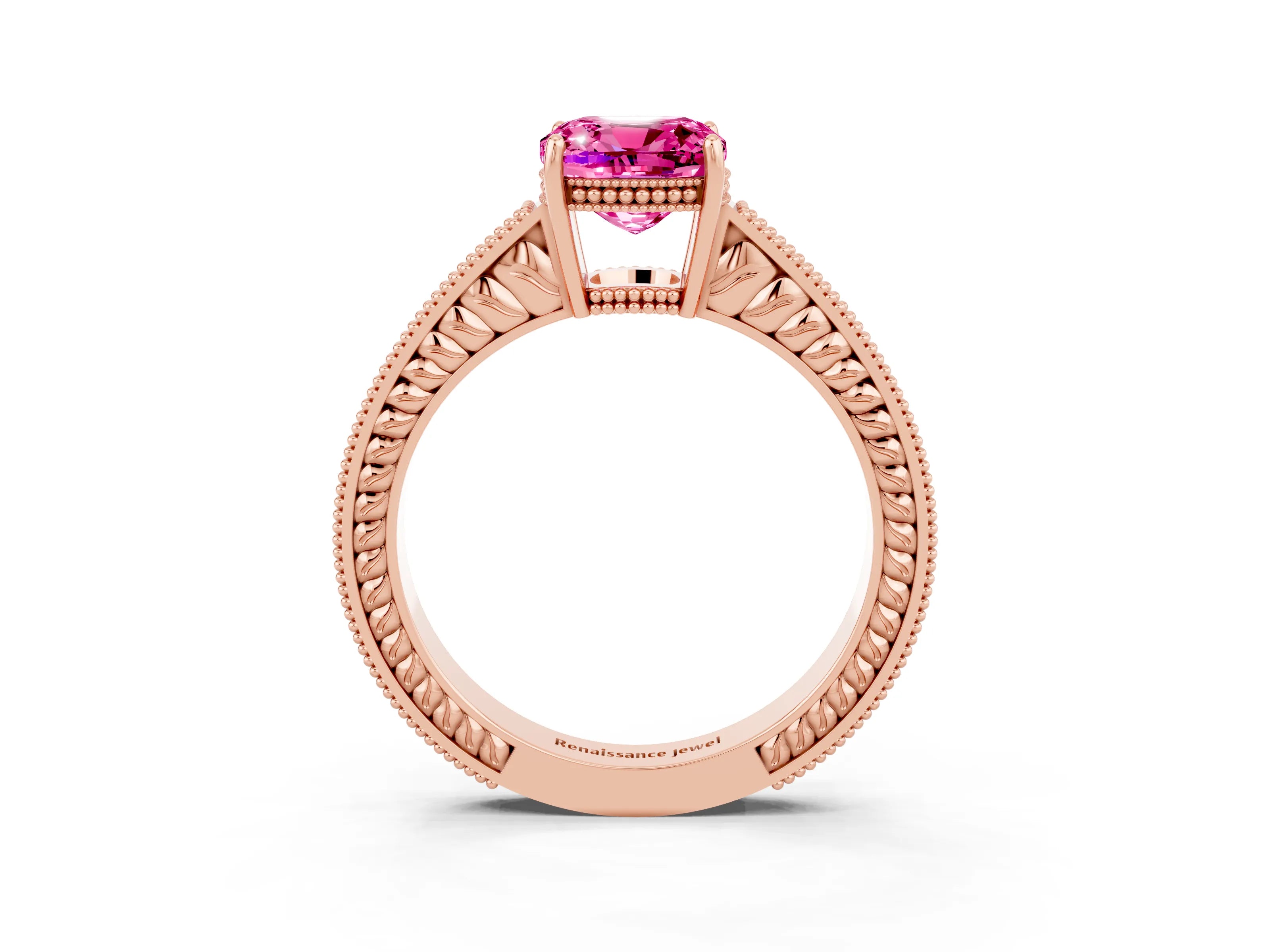 Rose gold Cushion Cut Pink Sapphire Ring with Milgrain Pavé Band and Four-Prong Setting_39