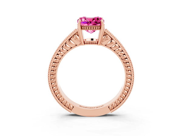 Rose gold Cushion Cut Pink Sapphire Ring with Milgrain Pavé Band and Four-Prong Setting