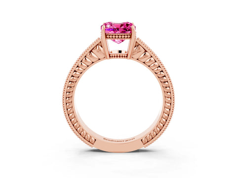 Rose gold Cushion Cut Pink Sapphire Ring with Milgrain Pavé Band and Four-Prong Setting_39
