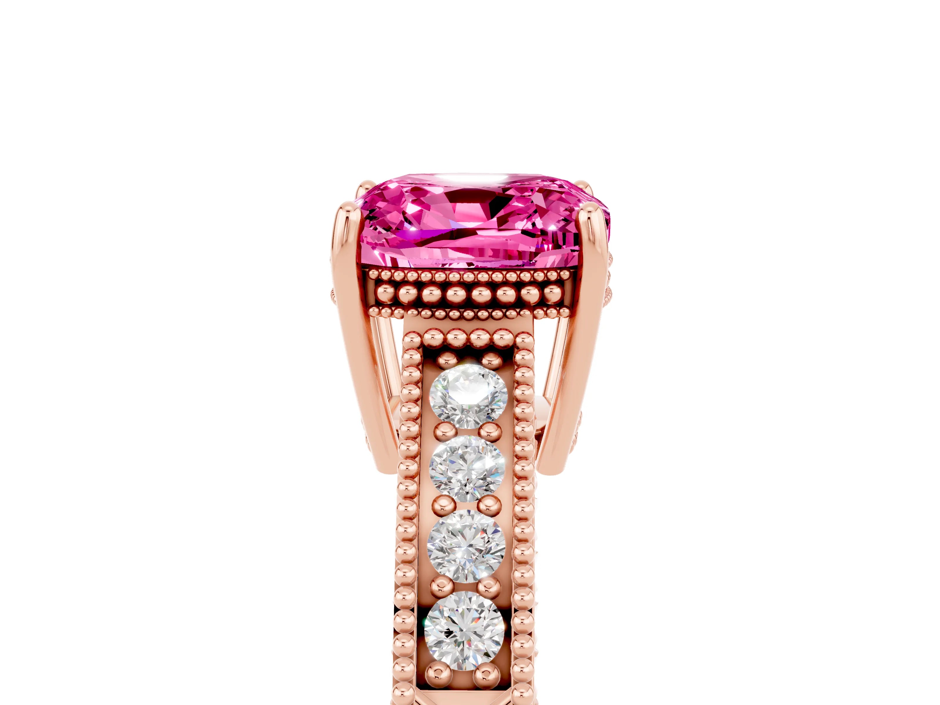 Rose gold Cushion Cut Pink Sapphire Ring with Milgrain Pavé Band and Four-Prong Setting_41