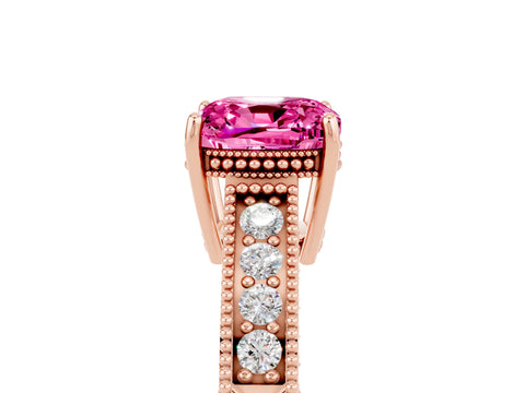 Rose gold Cushion Cut Pink Sapphire Ring with Milgrain Pavé Band and Four-Prong Setting_41