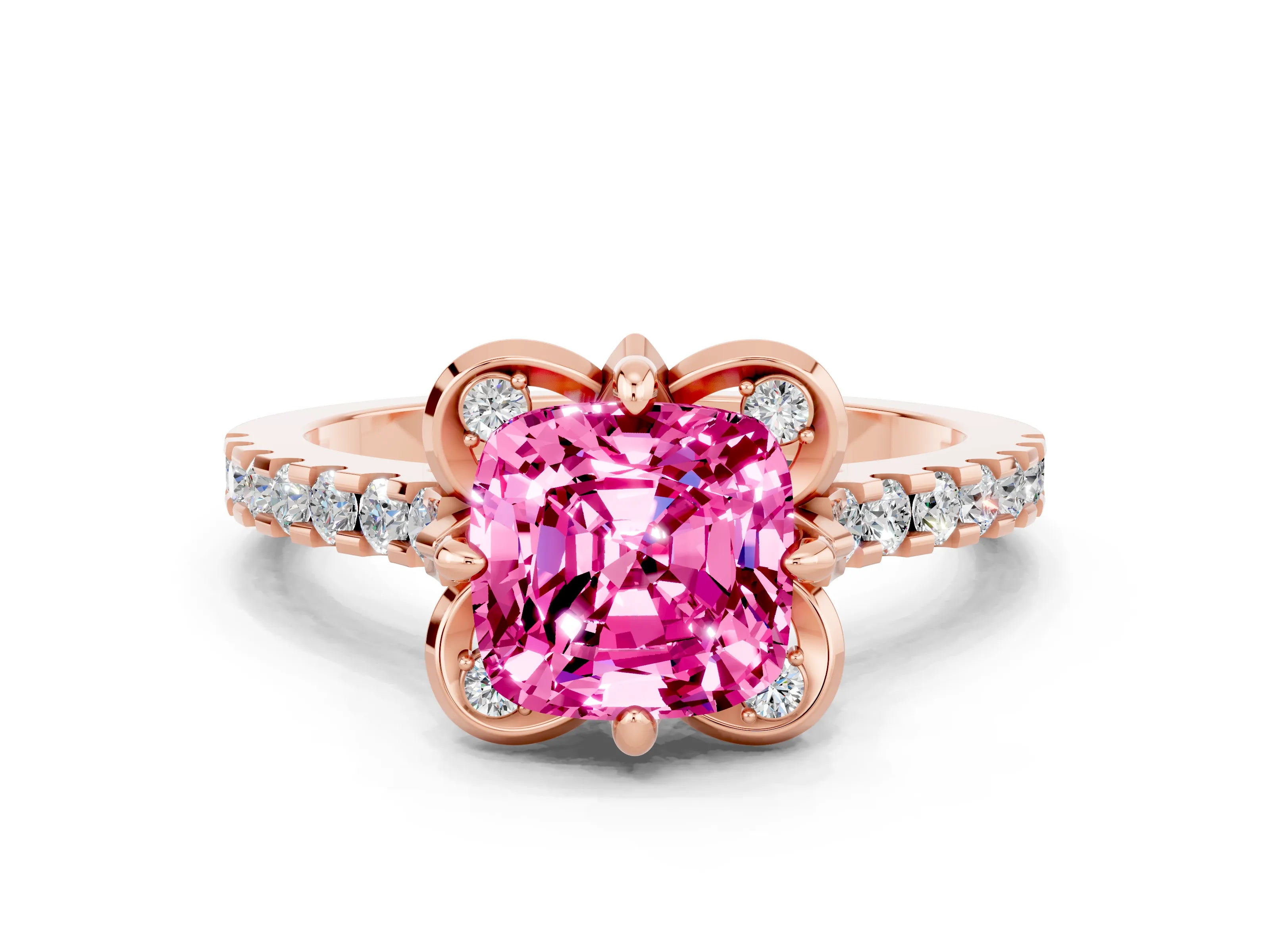 Rose gold Cushion Cut Pink Sapphire Ring with Pavé Band and Floral Prong Setting