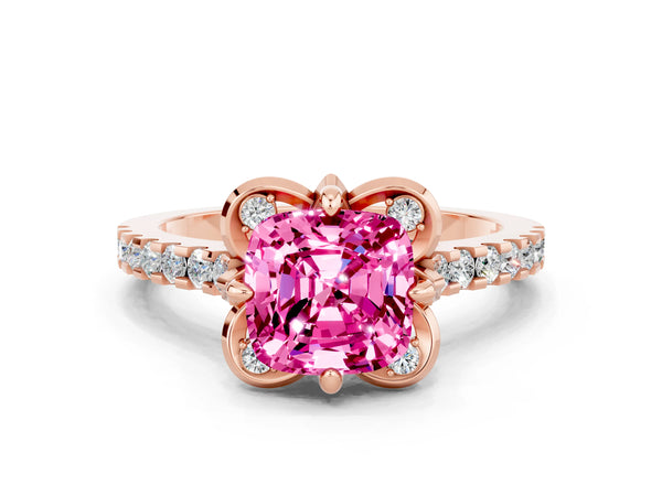 Rose gold Cushion Cut Pink Sapphire Ring with Pavé Band and Floral Prong Setting