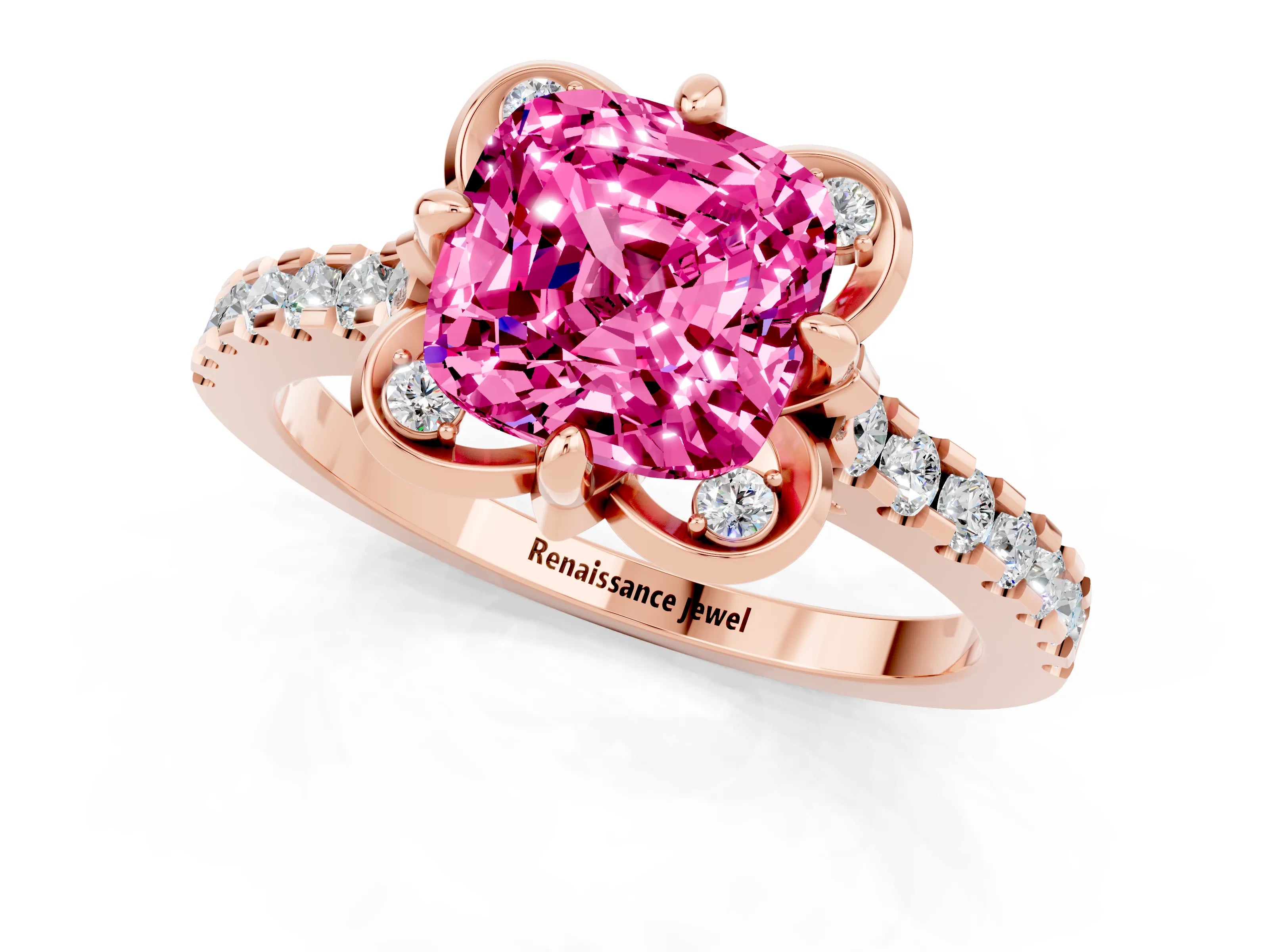 Rose gold Cushion Cut Pink Sapphire Ring with Pavé Band and Floral Prong Setting_1