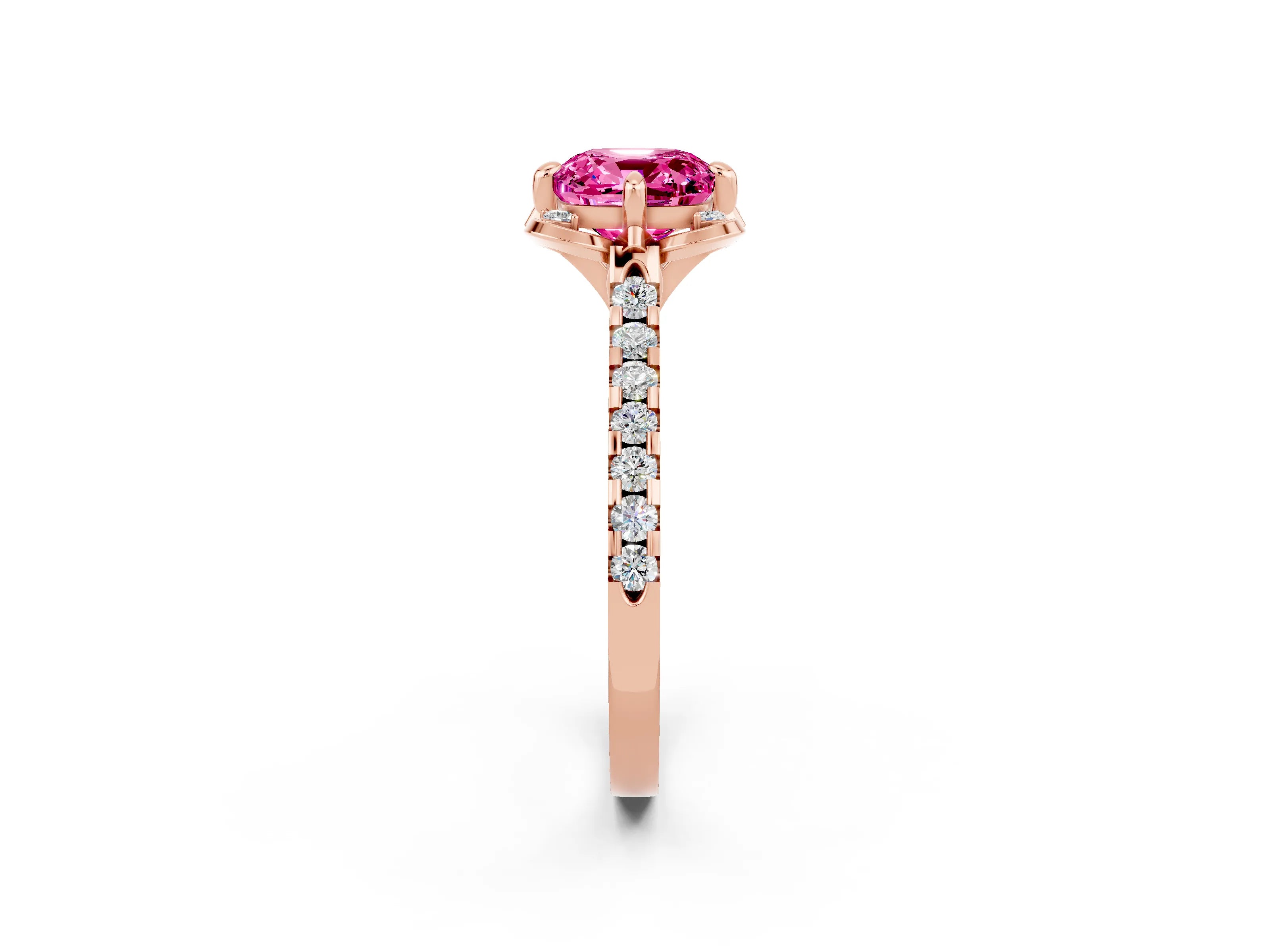 Rose gold Cushion Cut Pink Sapphire Ring with Pavé Band and Floral Prong Setting_2