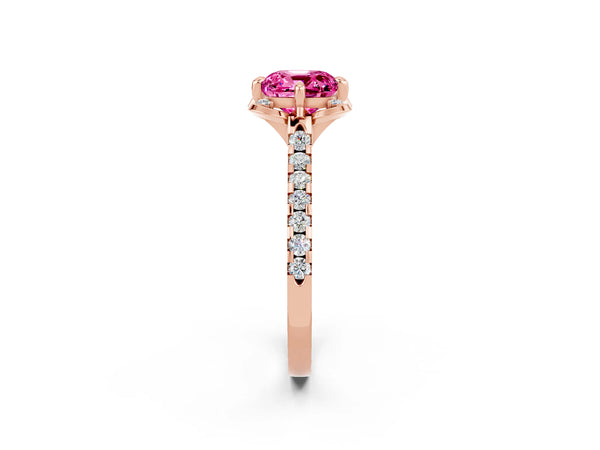 Rose gold Cushion Cut Pink Sapphire Ring with Pavé Band and Floral Prong Setting