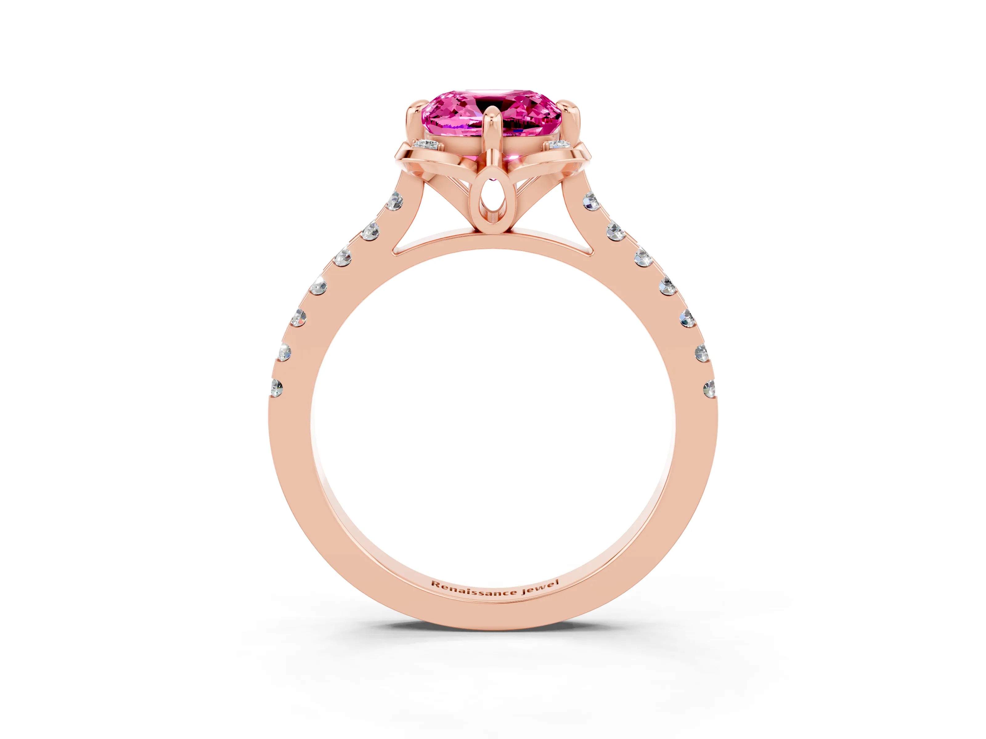 Rose gold Cushion Cut Pink Sapphire Ring with Pavé Band and Floral Prong Setting_3