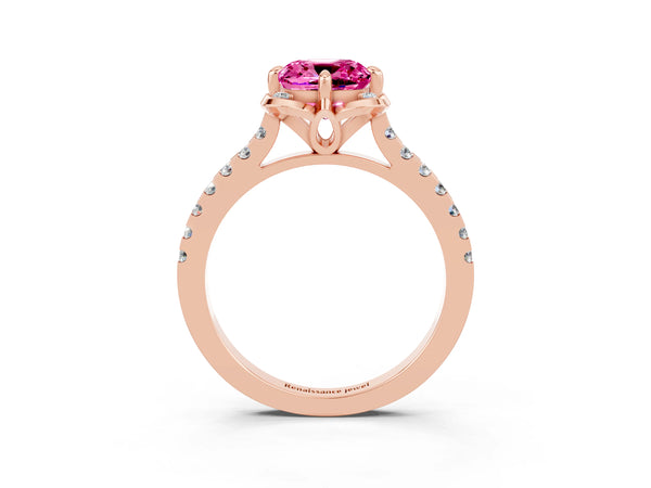 Rose gold Cushion Cut Pink Sapphire Ring with Pavé Band and Floral Prong Setting