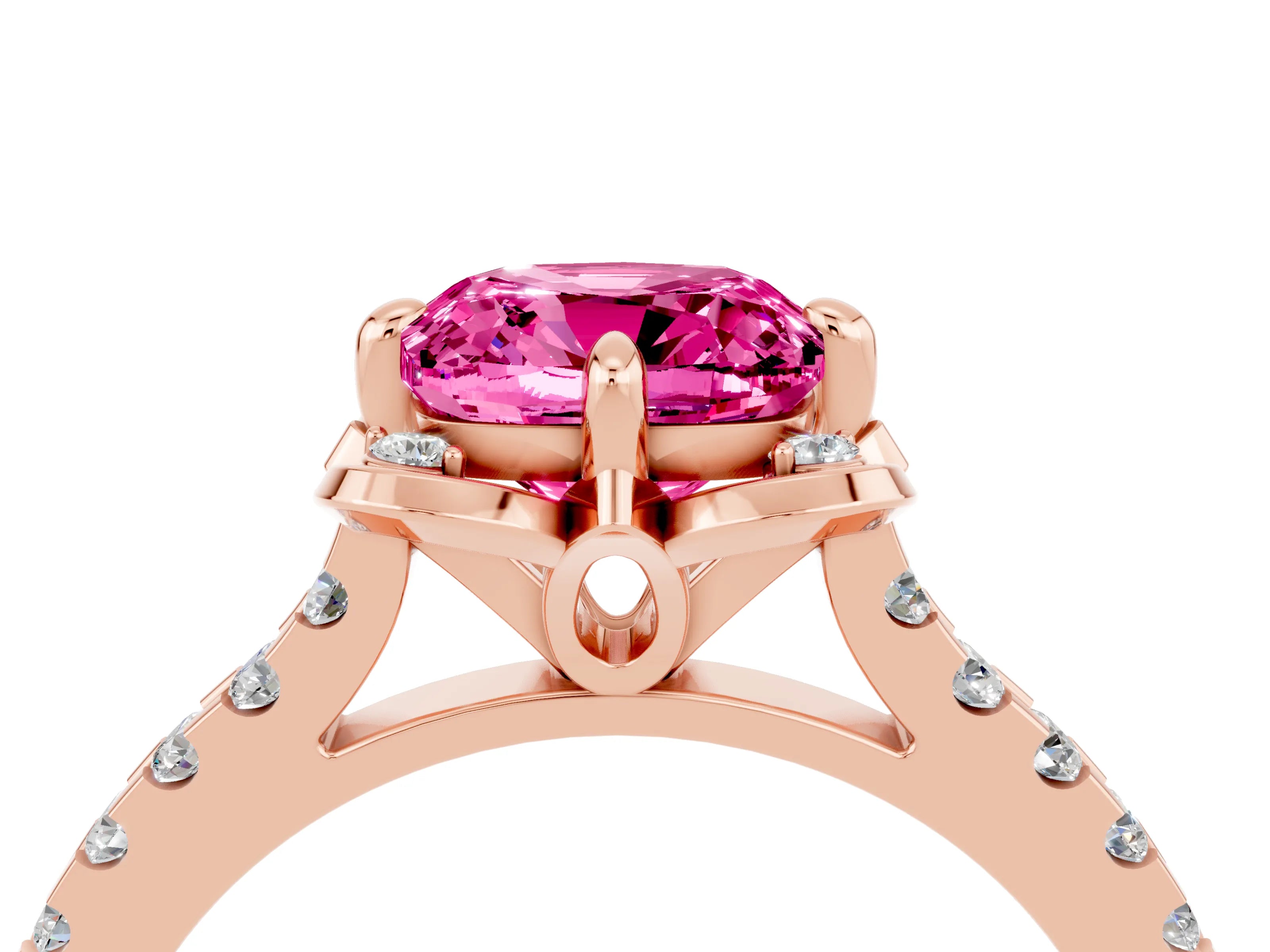 Rose gold Cushion Cut Pink Sapphire Ring with Pavé Band and Floral Prong Setting_4