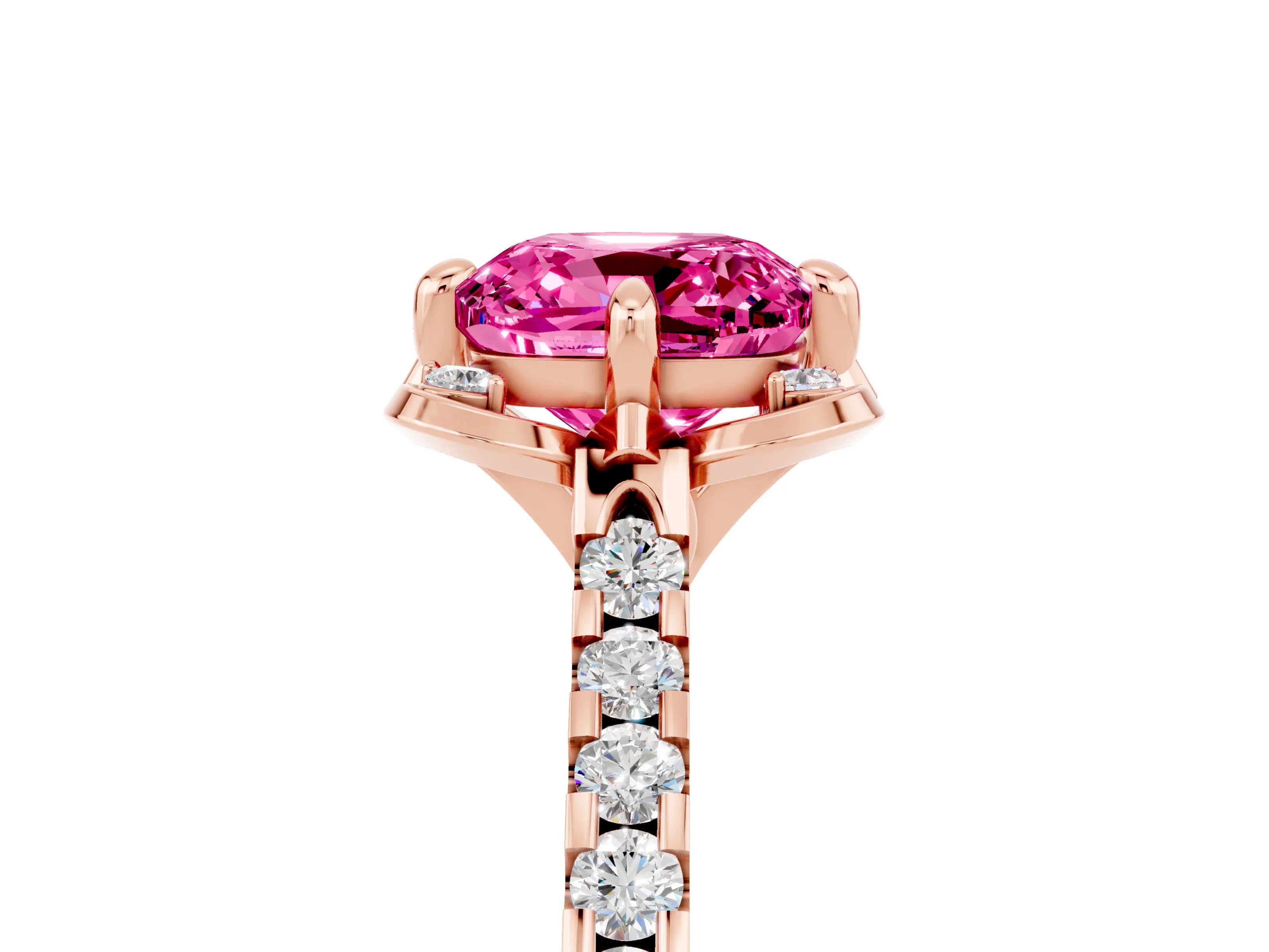 Rose gold Cushion Cut Pink Sapphire Ring with Pavé Band and Floral Prong Setting_5
