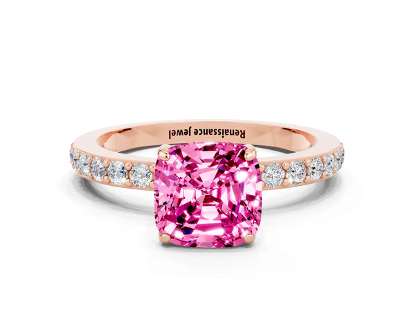 Rose gold Cushion Cut Pink Sapphire Pavé Engagement Ring with Round  Accents and Prong Setting