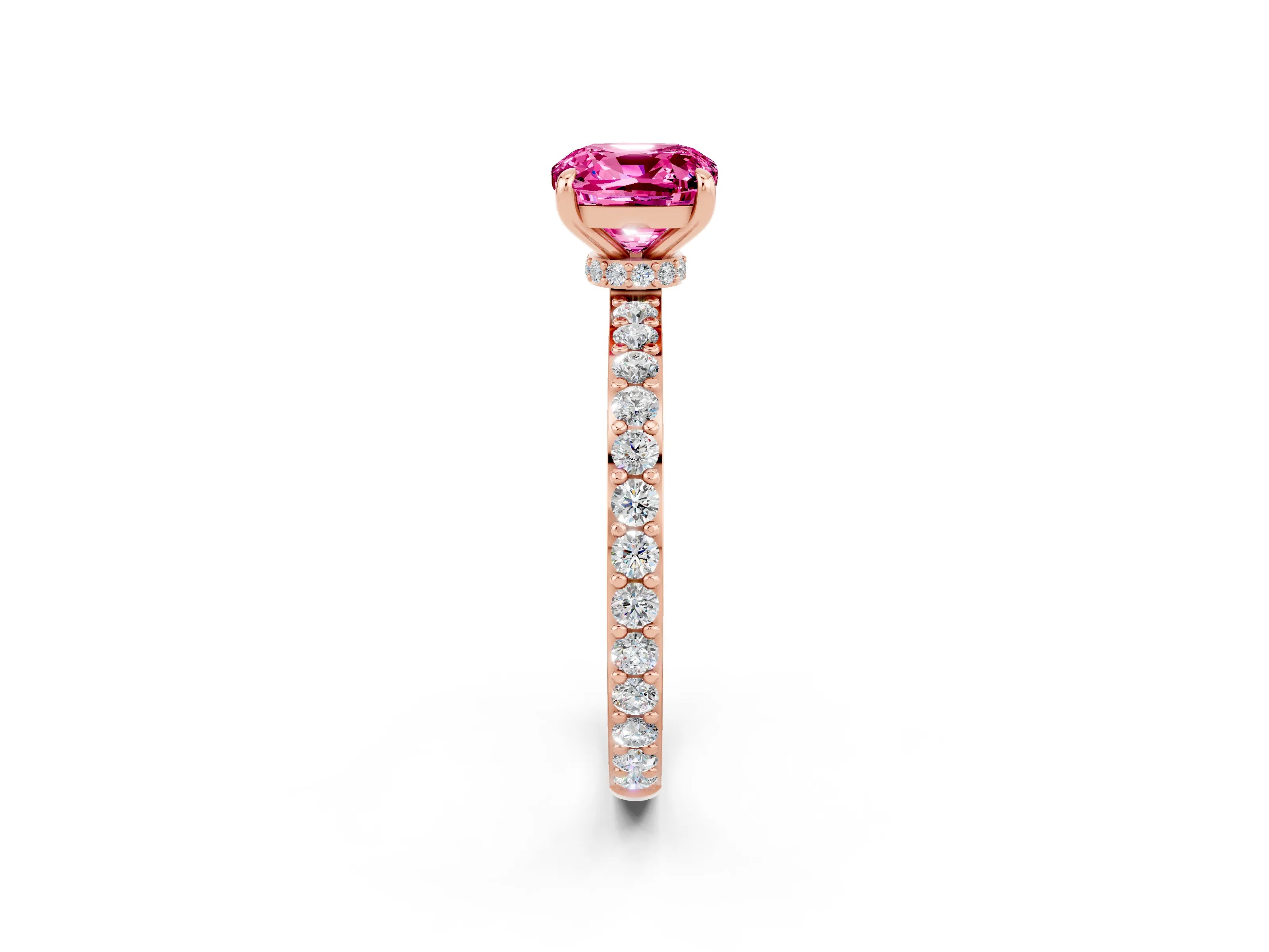 Rose gold Cushion Cut Pink Sapphire Ring with Pavé Band and Four-Prong Setting_26