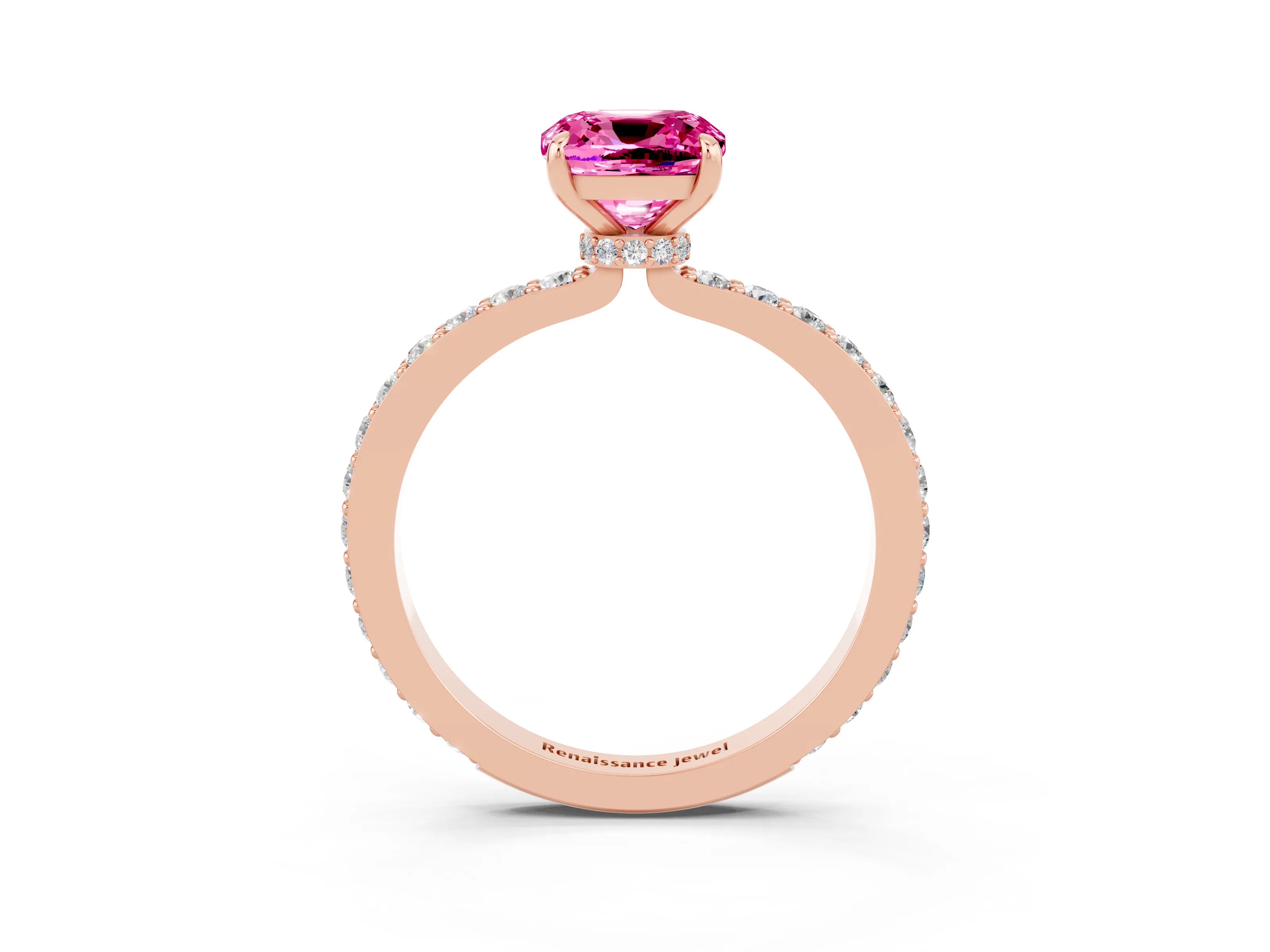 Rose gold Cushion Cut Pink Sapphire Ring with Pavé Band and Four-Prong Setting_27