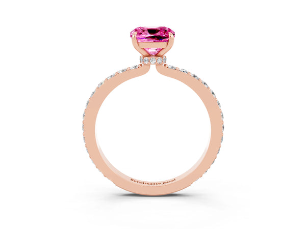 Rose gold Cushion Cut Pink Sapphire Pavé Engagement Ring with Round  Accents and Prong Setting