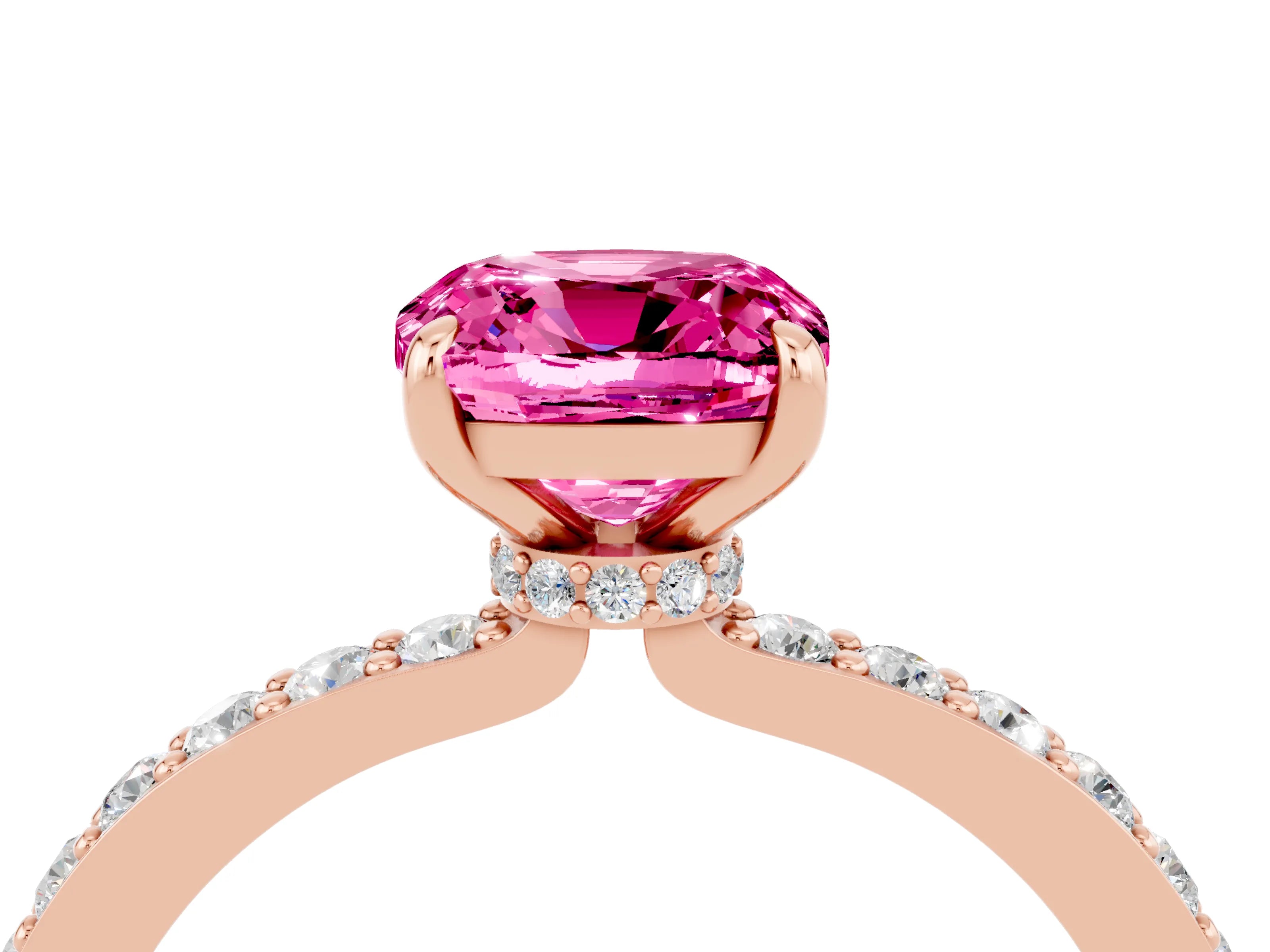 Rose gold Cushion Cut Pink Sapphire Ring with Pavé Band and Four-Prong Setting_28