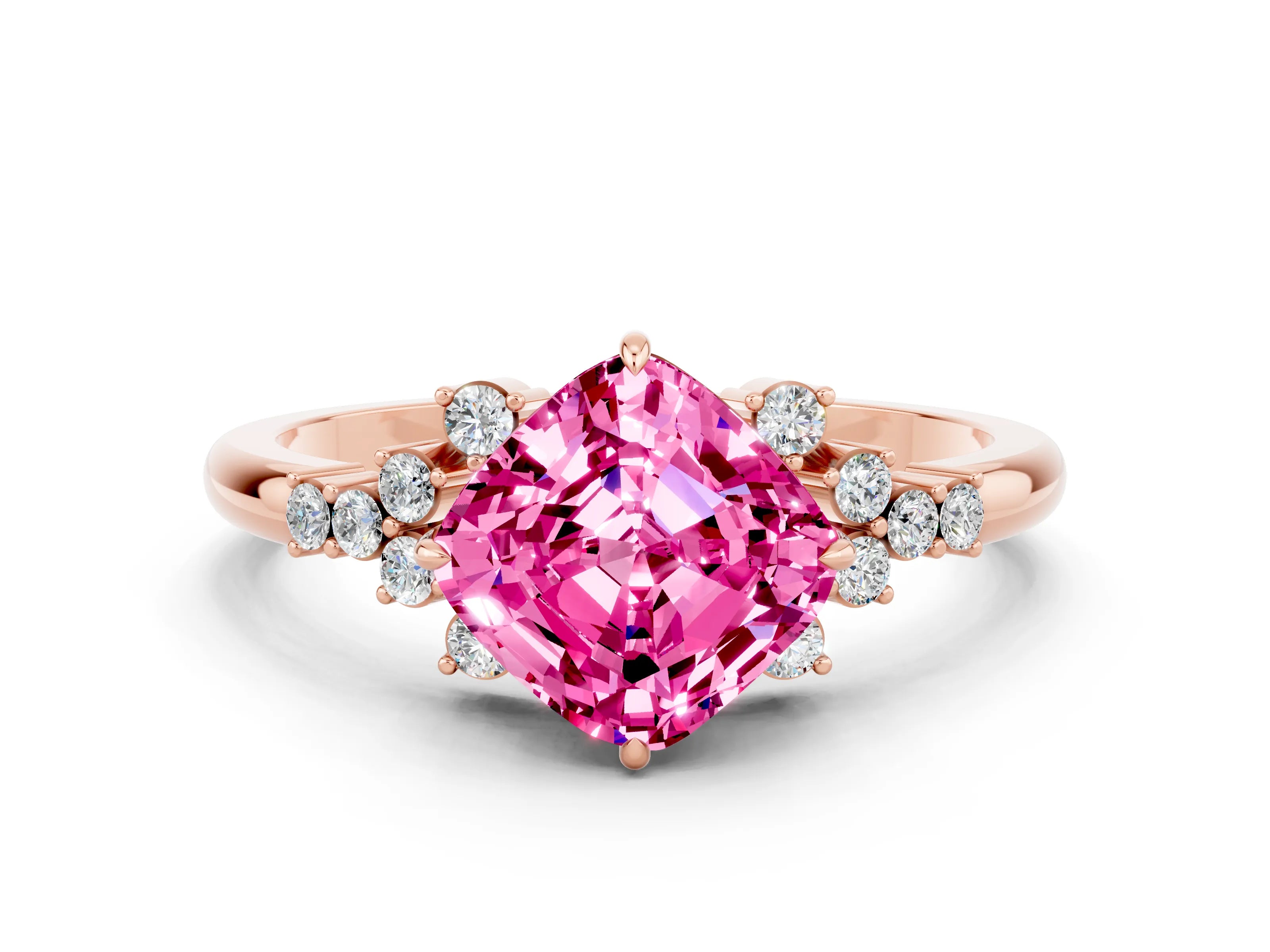 Rose gold Cushion Cut Pink Sapphire Ring with Side Stones and Four-Prong Setting_60