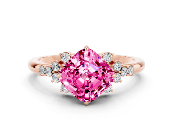 Rose gold Cushion Cut Pink Sapphire Ring with Side Stones and Four-Prong Setting