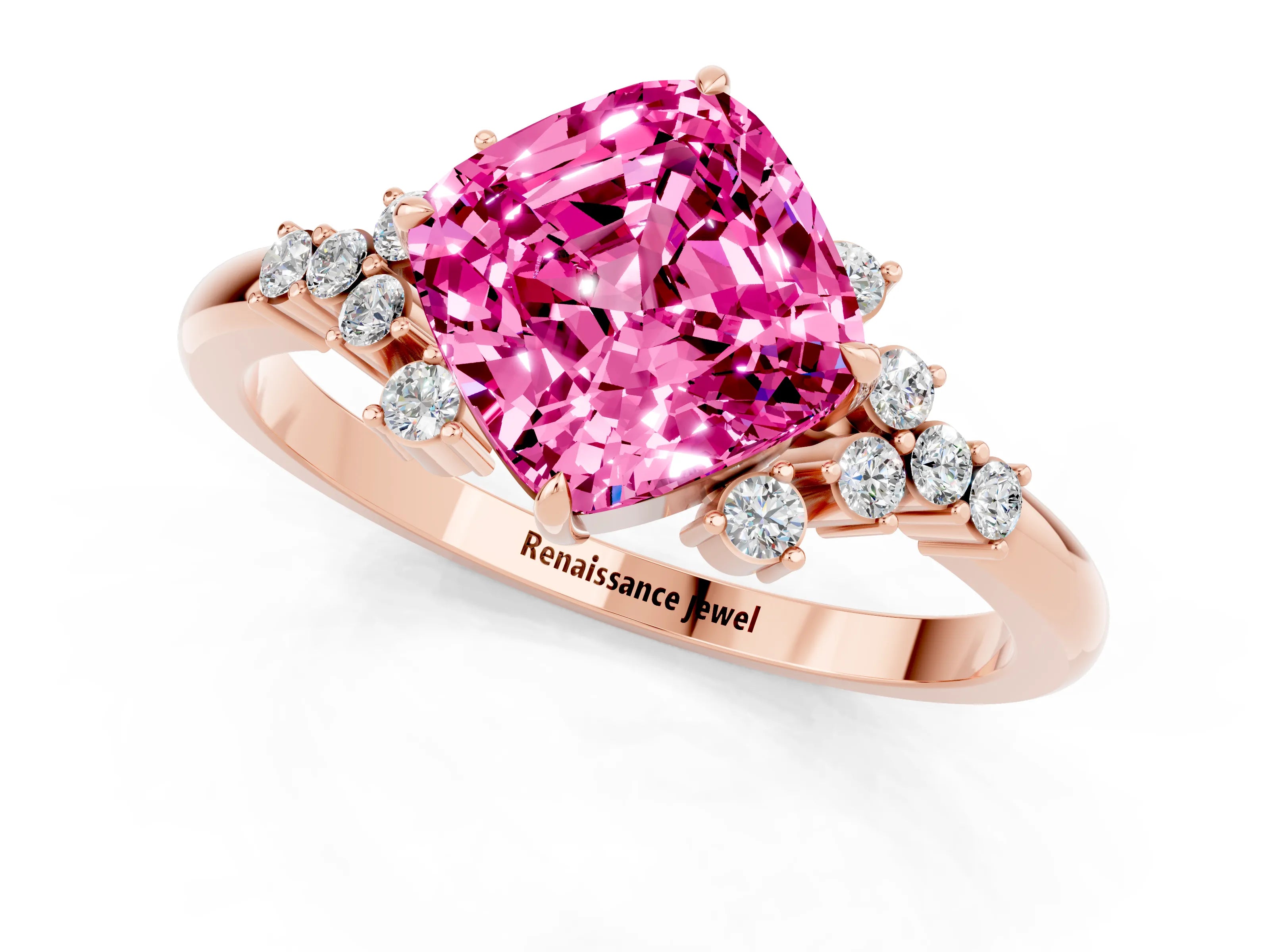 Rose gold Cushion Cut Pink Sapphire Ring with Side Stones and Four-Prong Setting_61