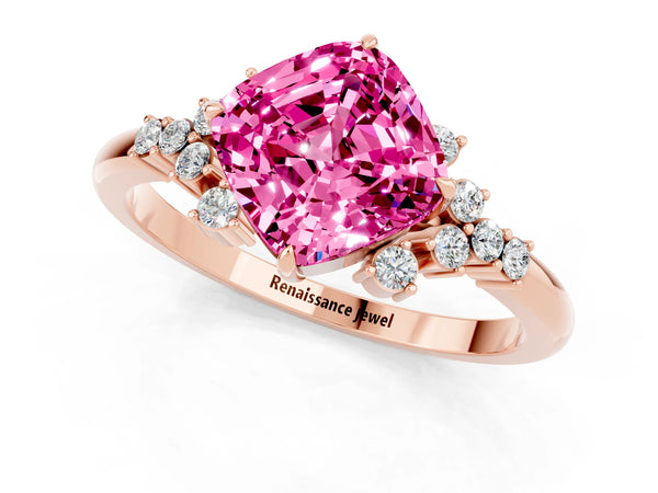 Rose gold Cushion Cut Pink Sapphire Ring with Side Stones and Four-Prong Setting