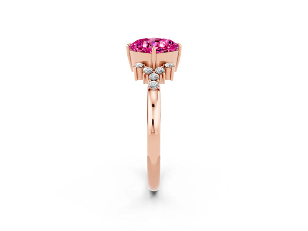 Rose gold Cushion Cut Pink Sapphire Ring with Side Stones and Four-Prong Setting