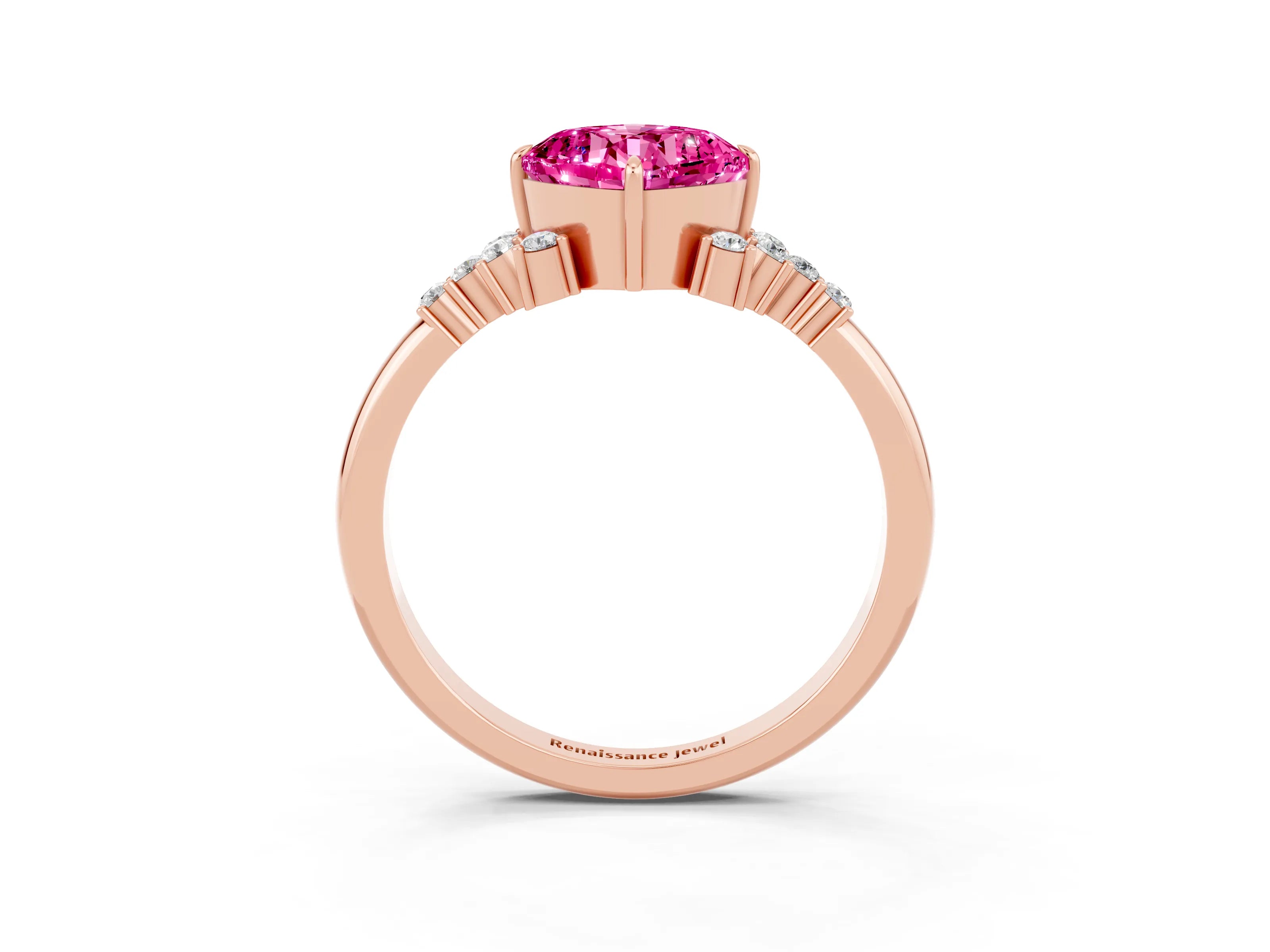 Rose gold Cushion Cut Pink Sapphire Ring with Side Stones and Four-Prong Setting_63