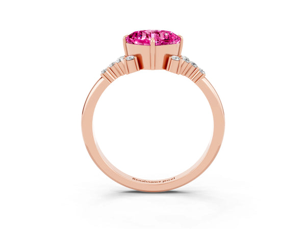 Rose gold Cushion Cut Pink Sapphire Ring with Side Stones and Four-Prong Setting